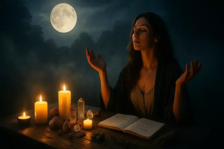 A woman performing a moon ritual under the full moon, surrounded by candles and crystals, symbolizing feminine energy, manifestation, and balance.