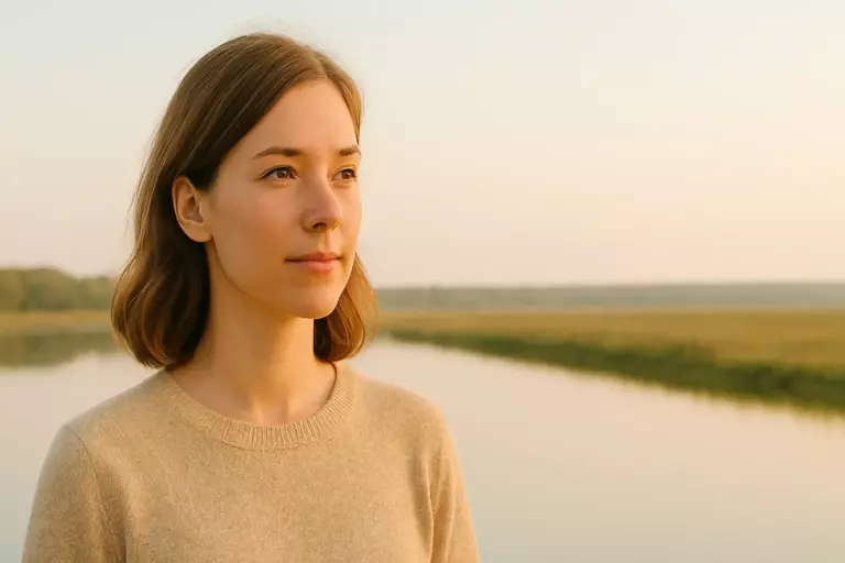 Calm woman standing by water in soft natural light symbolizing inner awareness and energy balance in relationships