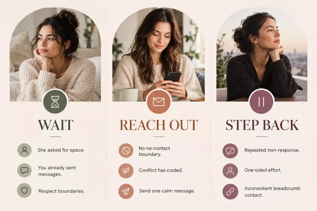 Decision guide for whether to wait, reach out, or step back during no contact with a Cancer woman