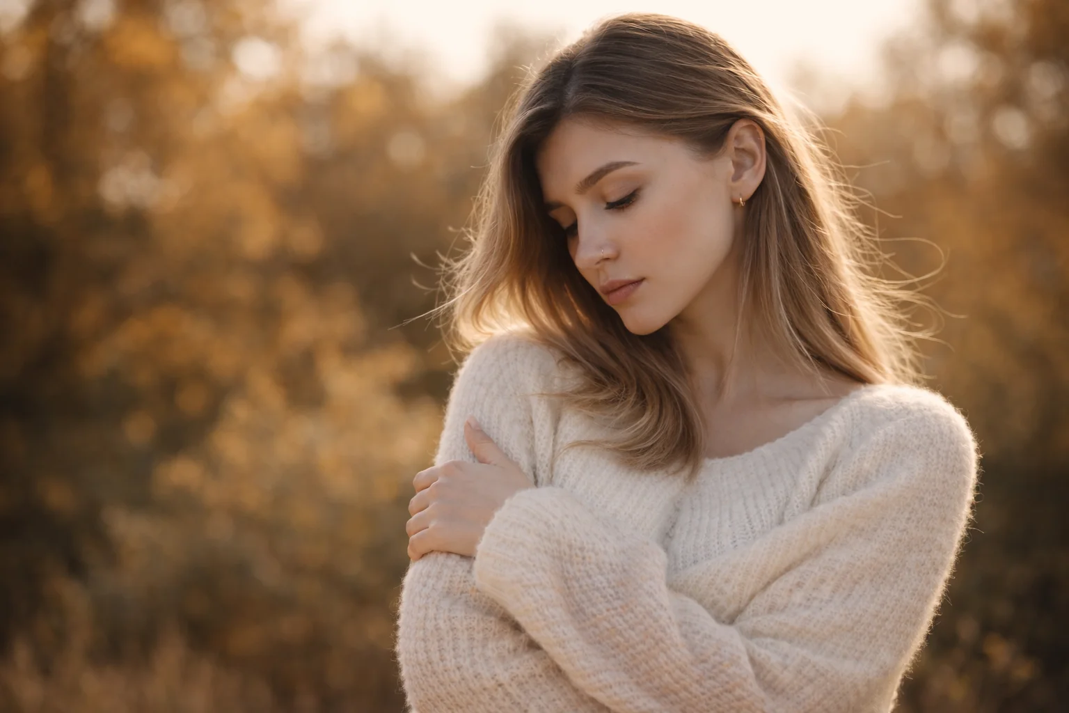 Woman in a cream sweater standing outdoors with autumn trees behind her