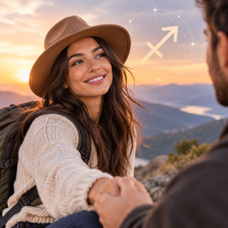 Woman in a hat holding hands with a man on a mountain trail, with a Sagittarius symbol.