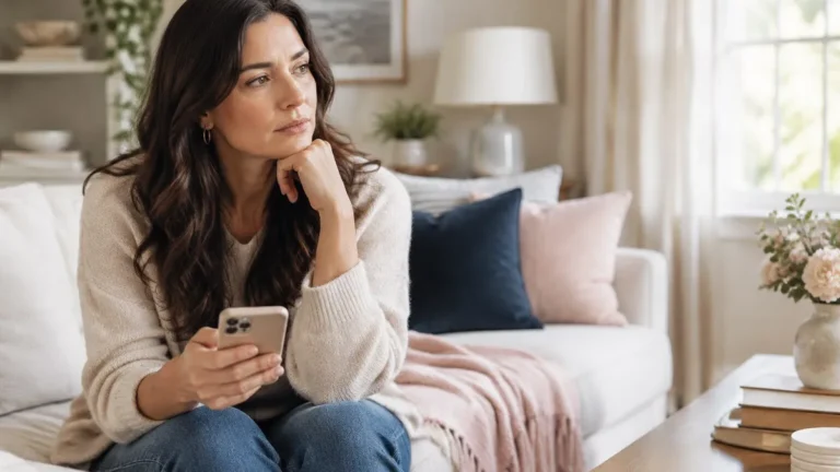 Woman sitting thoughtfully on a sofa while holding her phone
