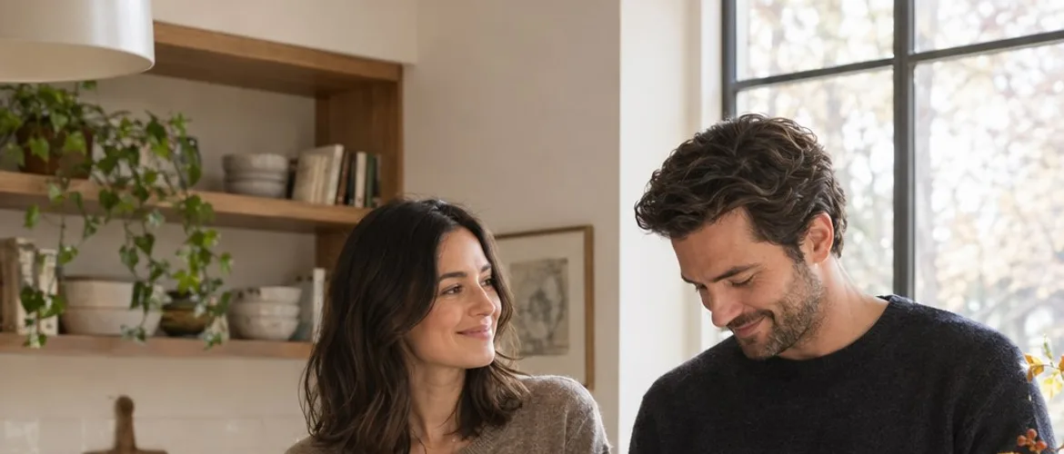 Relaxed brunette woman and her partner sharing tea in a bright kitchen, illustrating trust and emotional safety