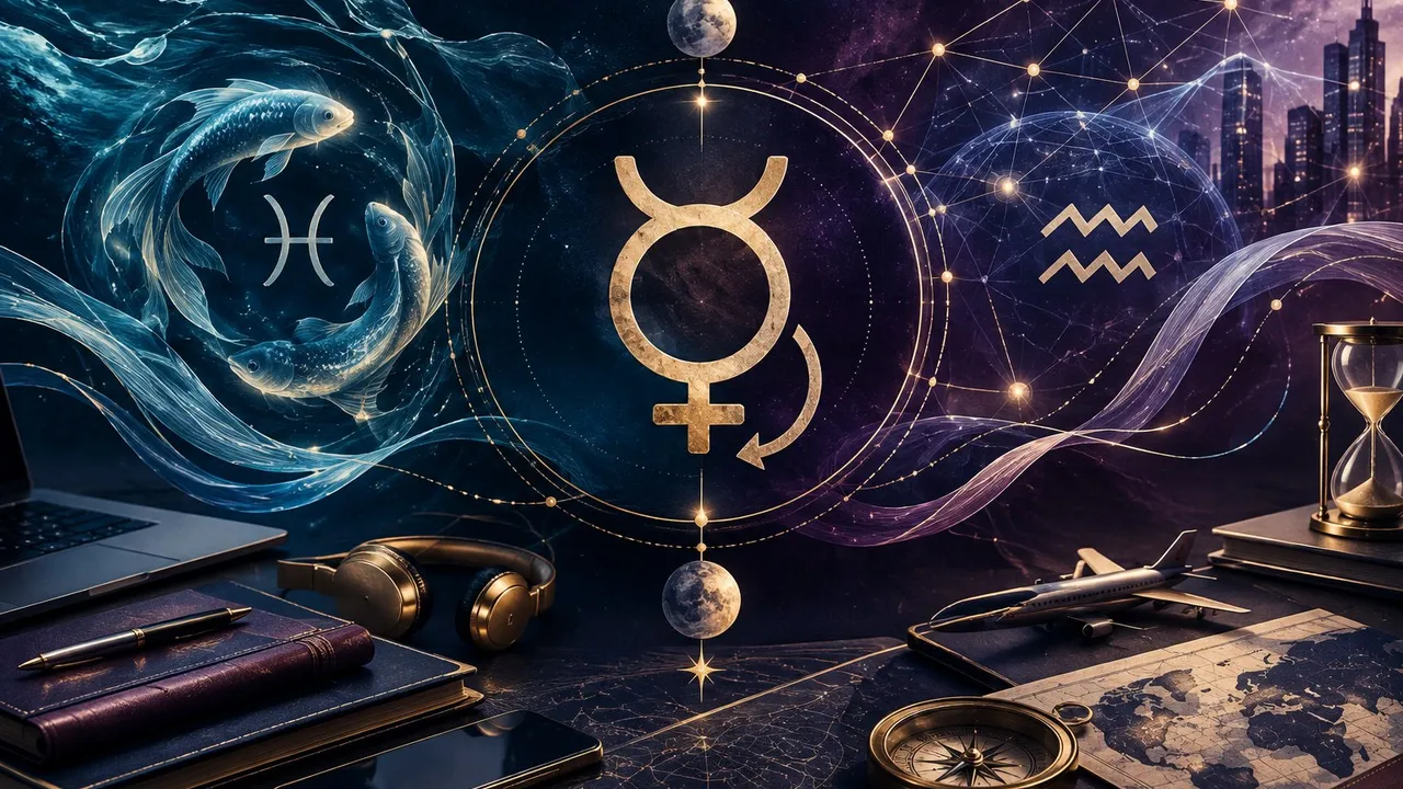 Mercury retrograde February 2027 in Pisces and Aquarius astrology illustration