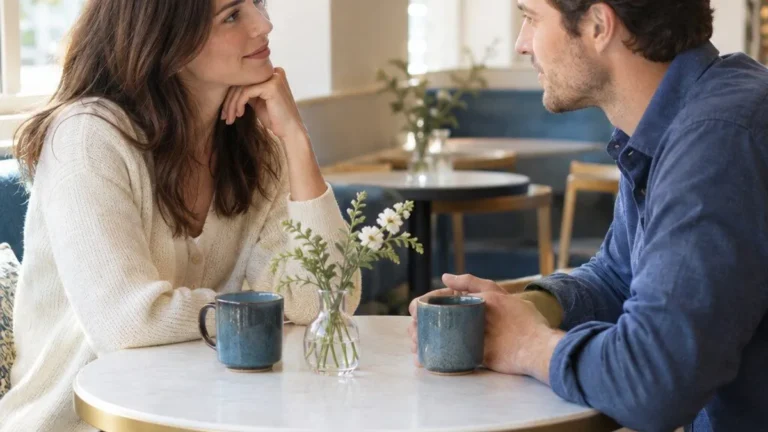Two adults having a calm, attentive conversation across a table