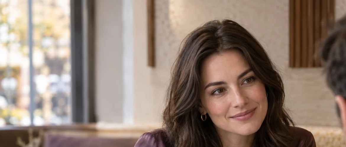 Brunette woman speaking warmly with a partner in a softly lit café, illustrating thoughtful communication in love