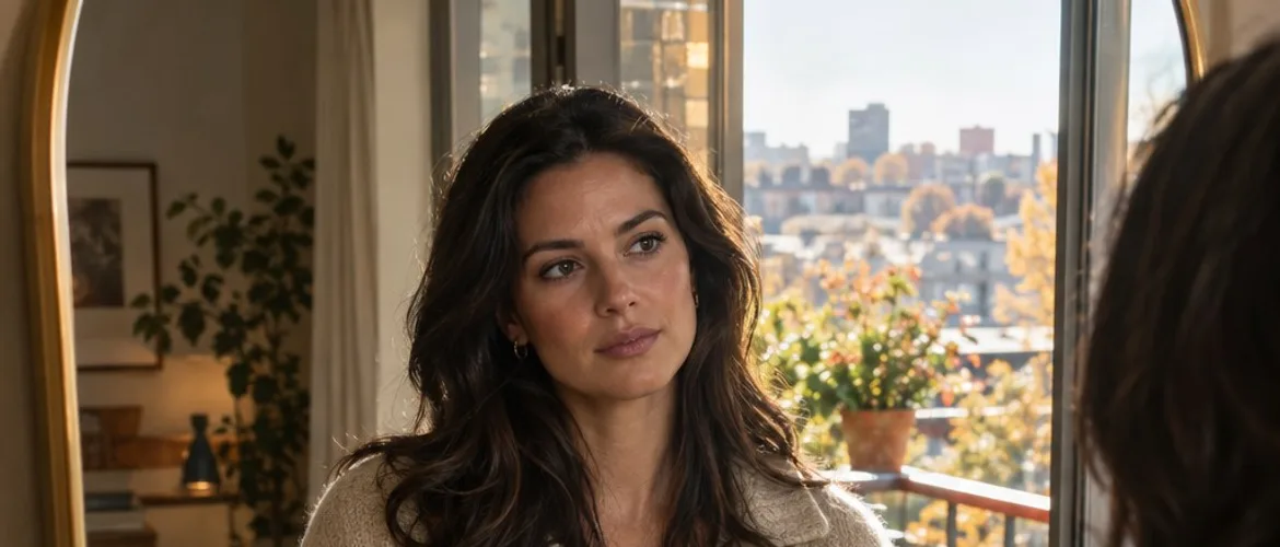 Thoughtful brunette woman by a balcony mirror reflecting on emotional trust in a relationship