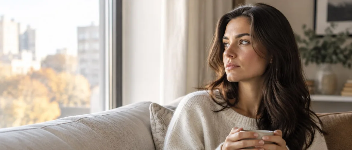 Thoughtful woman beside a window reflecting on emotional distance and changes in a relationship