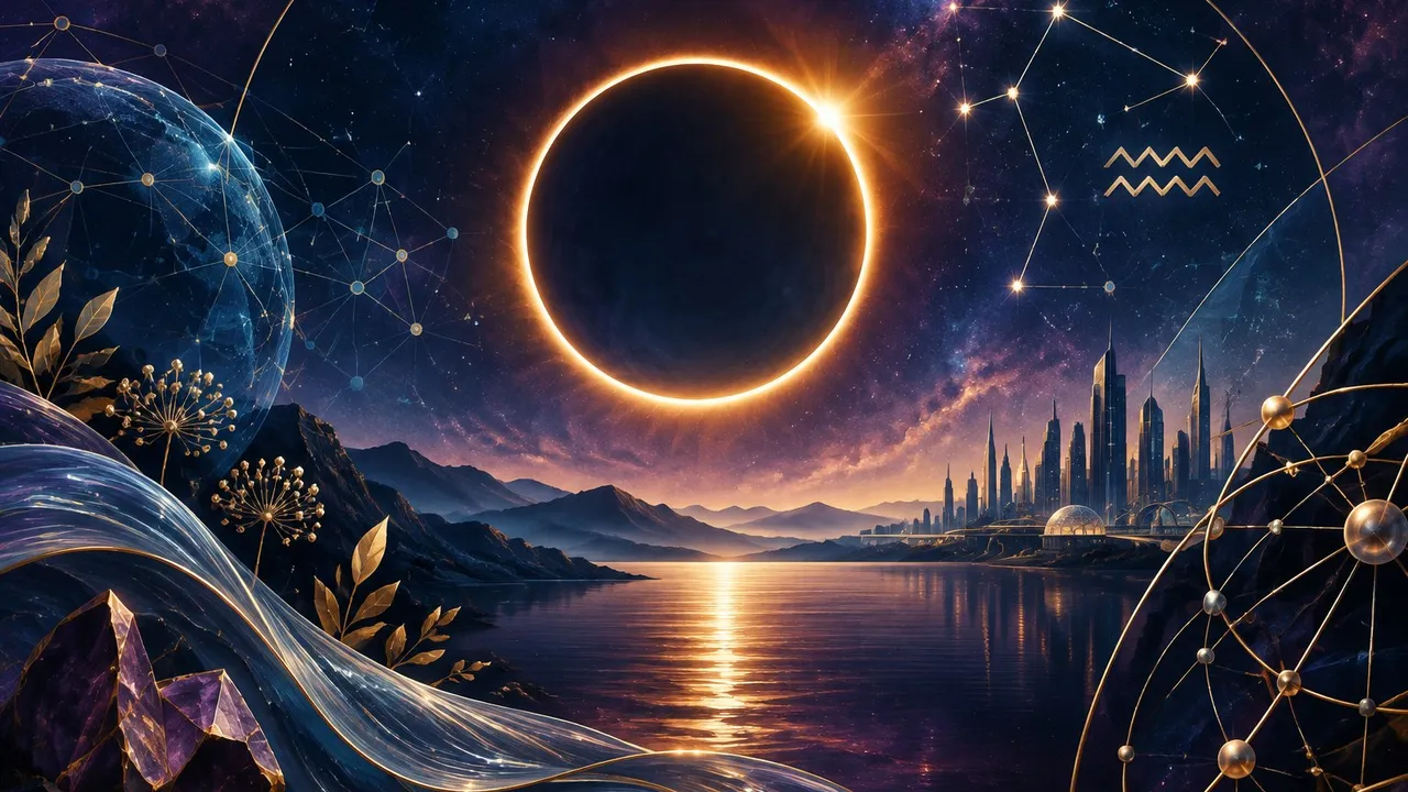 Solar eclipse in Aquarius February 2027 astrology illustration