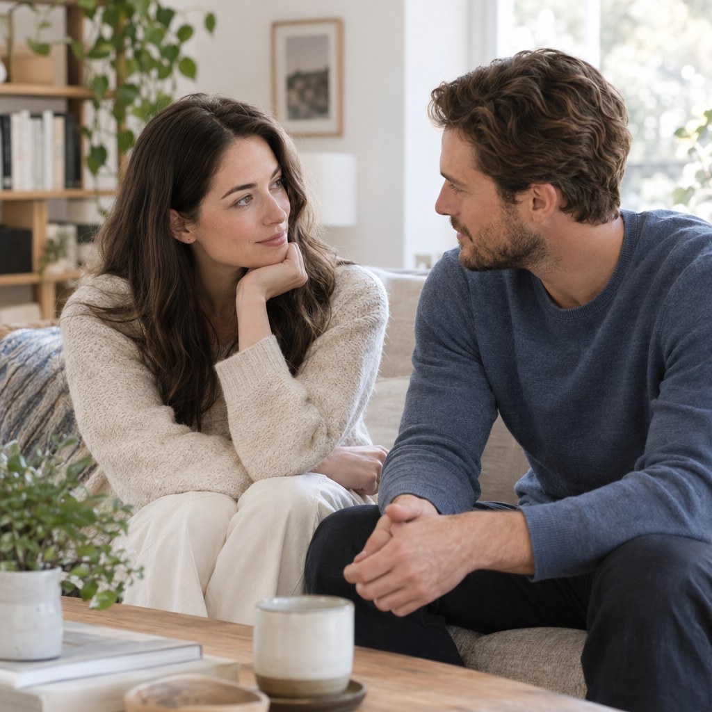 Virgo woman and Cancer man compatibility couple in a calm conversation