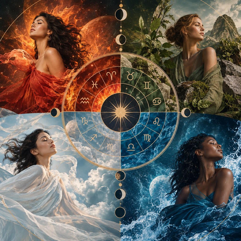 Zodiac elements and modalities wheel with fire, earth, air and water symbolism